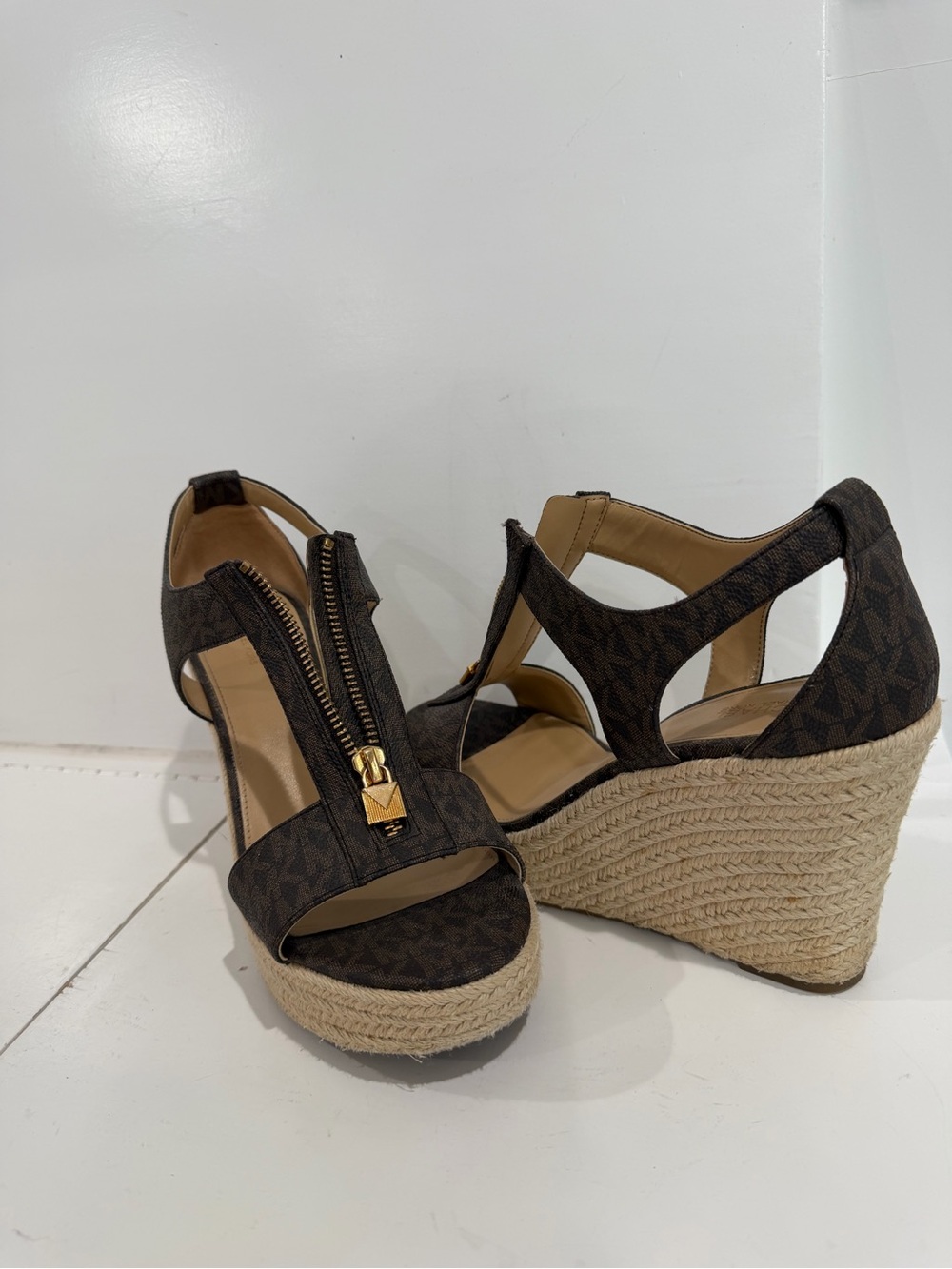 Michael Kors Brown Monogram Espadrille Wedge Sandals with Gold Zip Accent